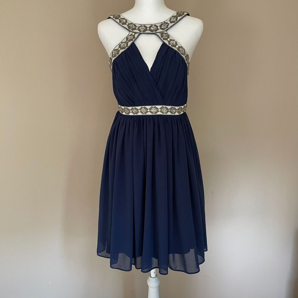 Akira Chicago Size M Navy Blue Beaded Halter Dress Gathered Skirt Knee-Length